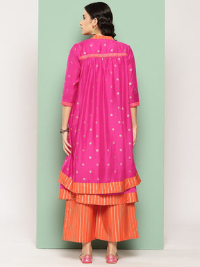 Pink Solid Kurta with Palazzos & Printed Jacket