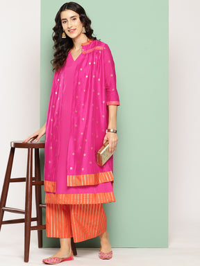 Pink Solid Kurta with Palazzos & Printed Jacket