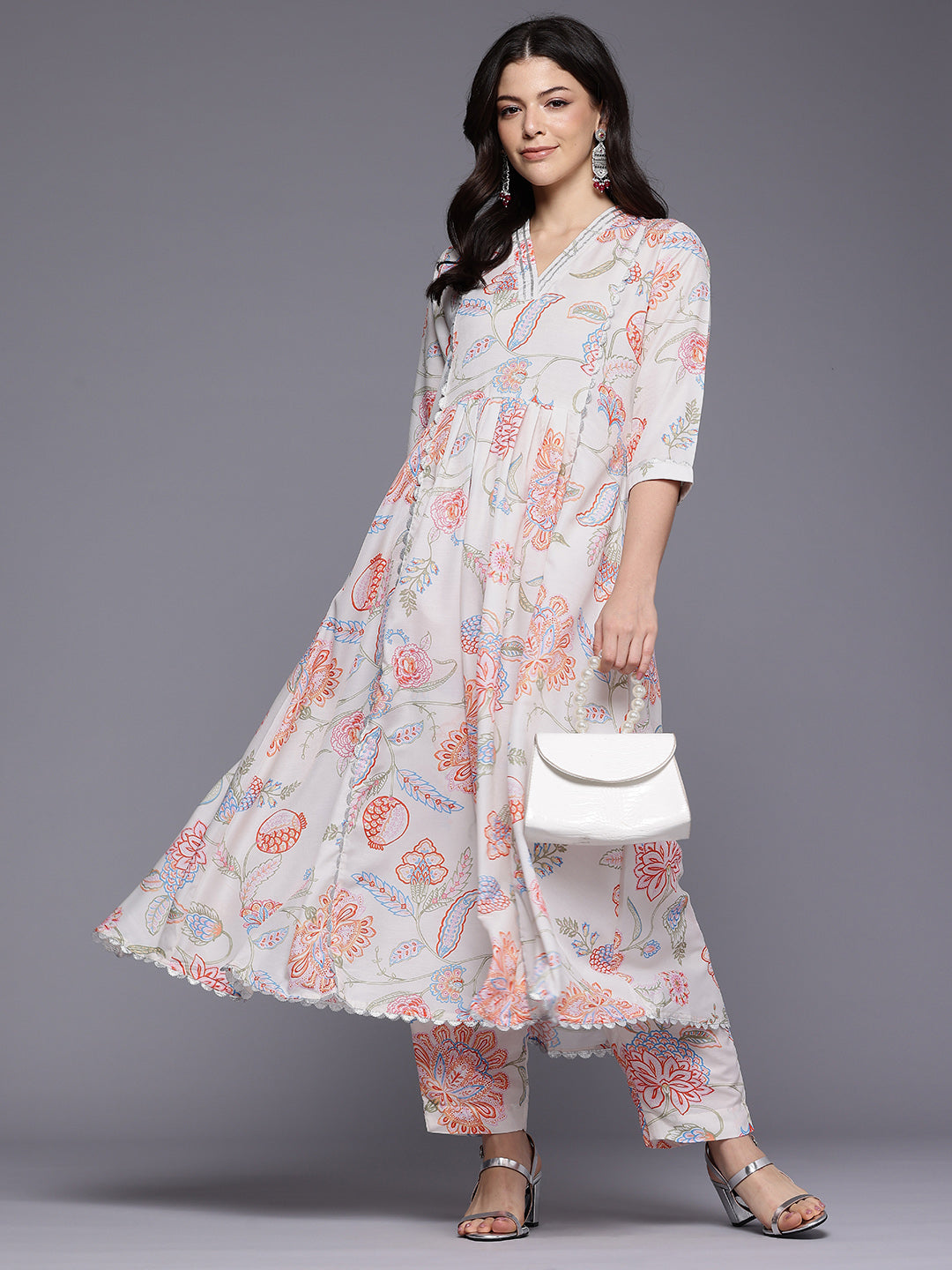 Floral Printed Pleated Gotta Patti Kurta with Trousers