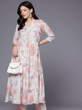 Floral Printed Pleated Gotta Patti Kurta with Trousers