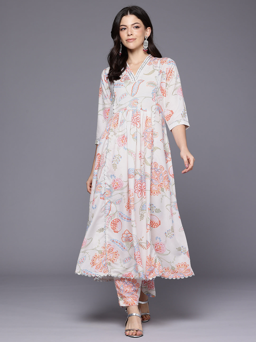 Floral Printed Pleated Gotta Patti Kurta with Trousers