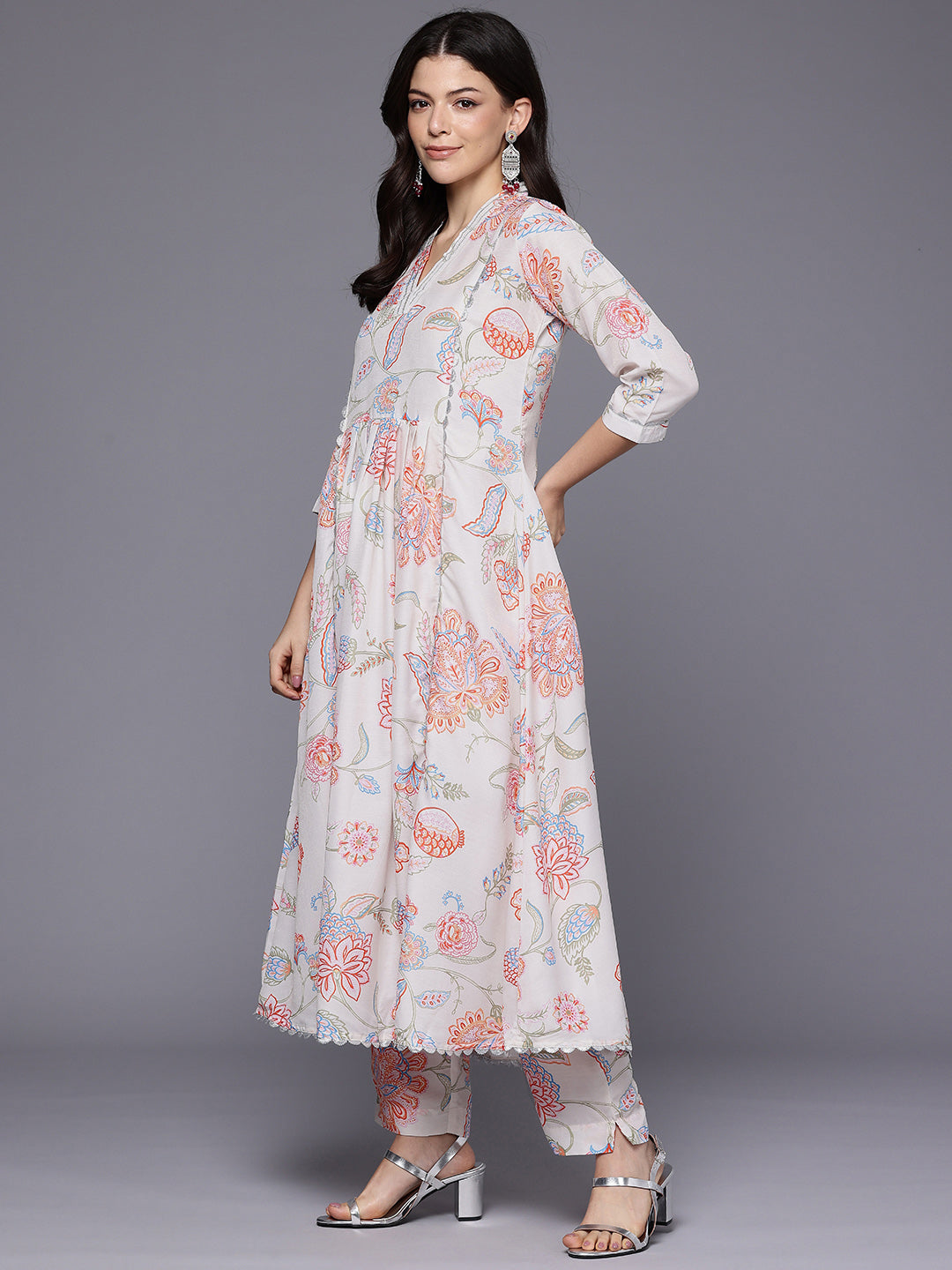Floral Printed Pleated Gotta Patti Kurta with Trousers