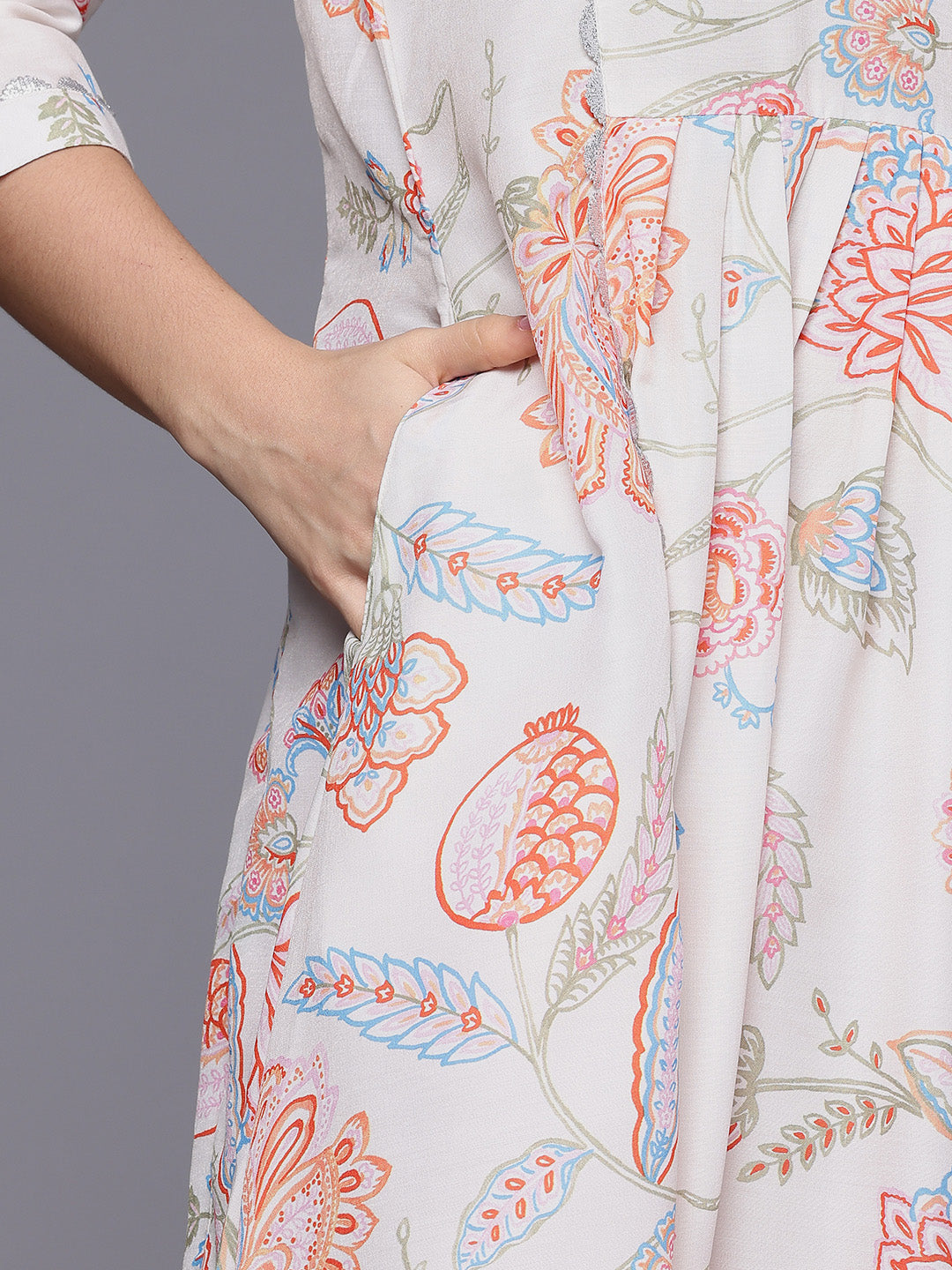 Floral Printed Pleated Gotta Patti Kurta with Trousers