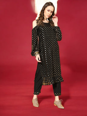 Black & Golden Printed Kurta with Trousers