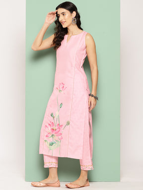 Pink Floral Printed Panelled Gotta Patti Pure Cotton Kurta with Trousers
