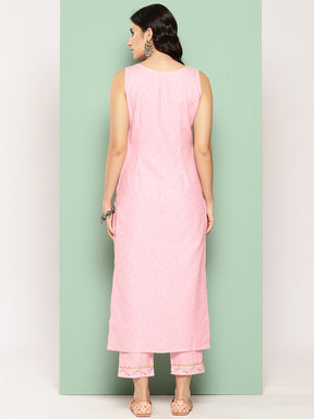 Pink Floral Printed Panelled Gotta Patti Pure Cotton Kurta with Trousers