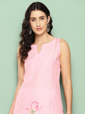 Pink Floral Printed Panelled Gotta Patti Pure Cotton Kurta with Trousers