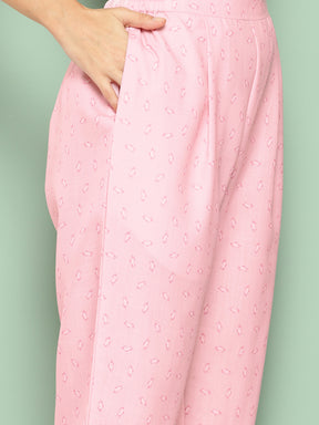 Pink Floral Printed Panelled Gotta Patti Pure Cotton Kurta with Trousers