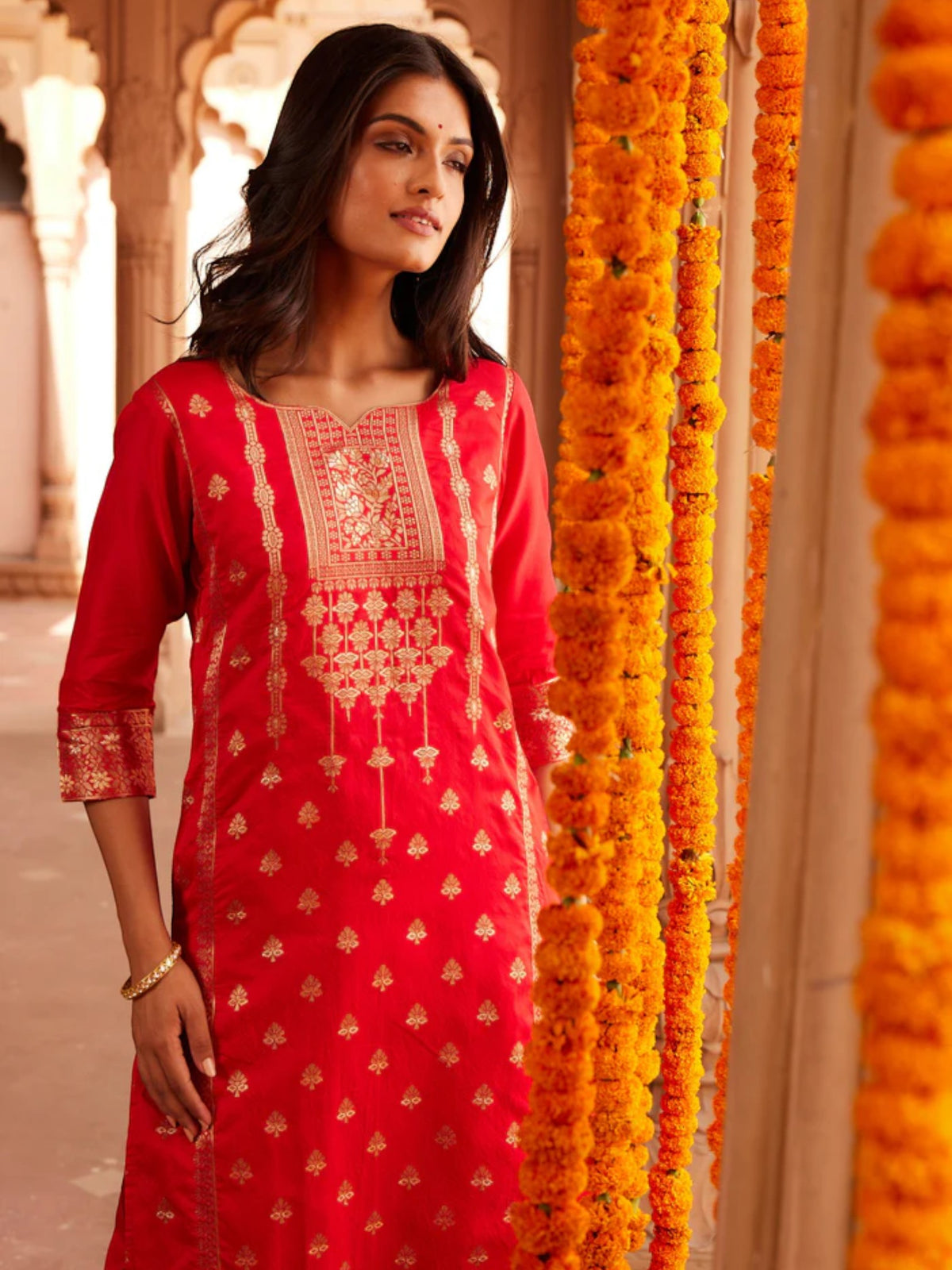 Red Woven Design Kurta with Trousers