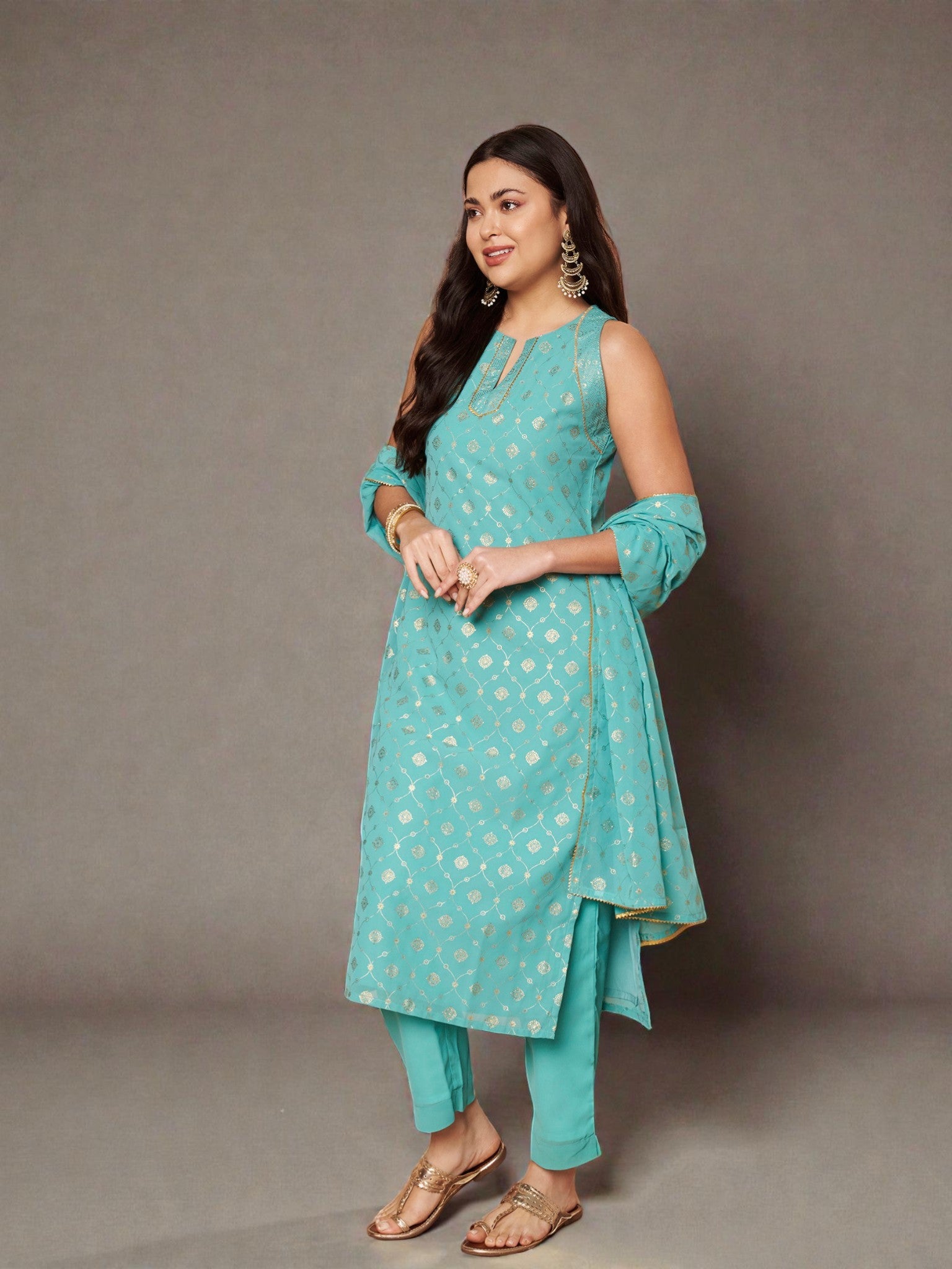 Women Ethnic Motifs Printed Regular Gotta Patti Kurta with Trousers & With Dupatta