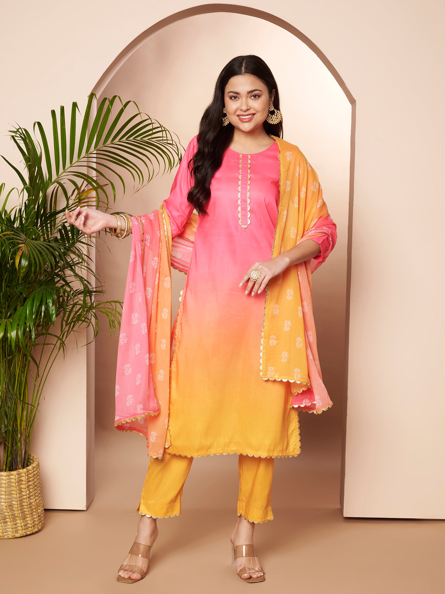 Women Ombre Dyed Regular Gotta Patti Kurta with Trousers & With Dupatta