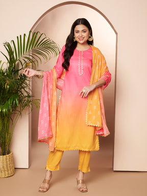Women Ombre Dyed Regular Gotta Patti Kurta with Trousers & With Dupatta
