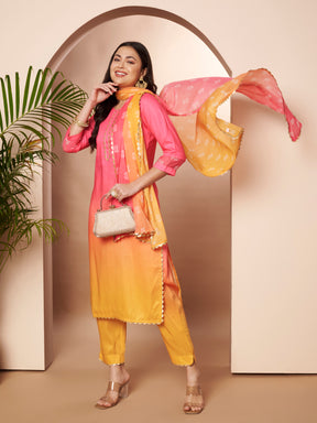 Women Ombre Dyed Regular Gotta Patti Kurta with Trousers & With Dupatta