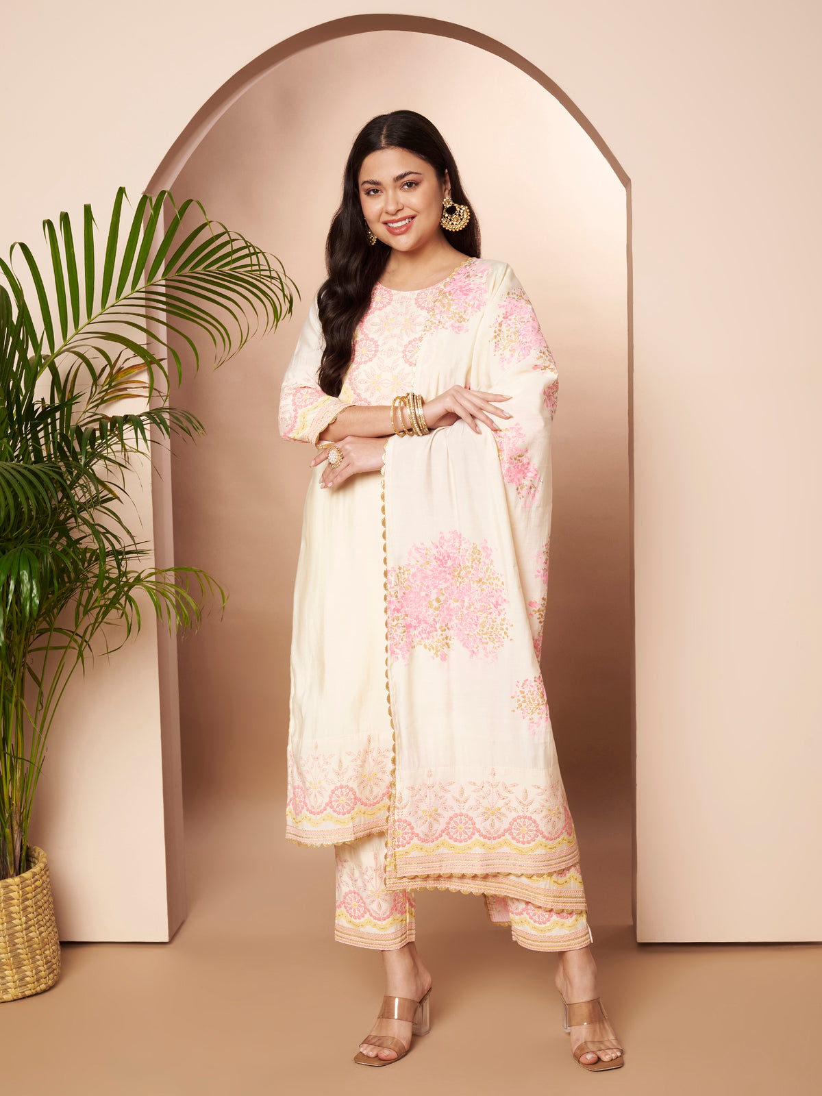 Women Ethnic Motifs Printed Regular Thread Work Kurta with Trousers & With Dupatta