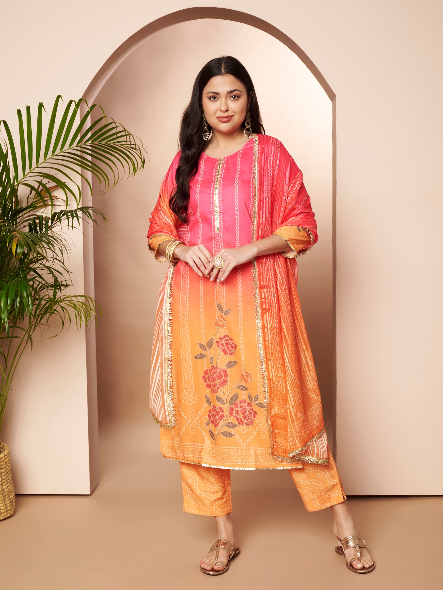 Women Ethnic Motifs Printed Regular Sequinned Kurta with Trousers & With Dupatta