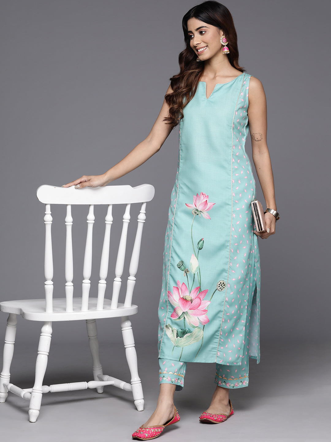 Floral Printed Panelled Gotta Patti Kurta with Trousers