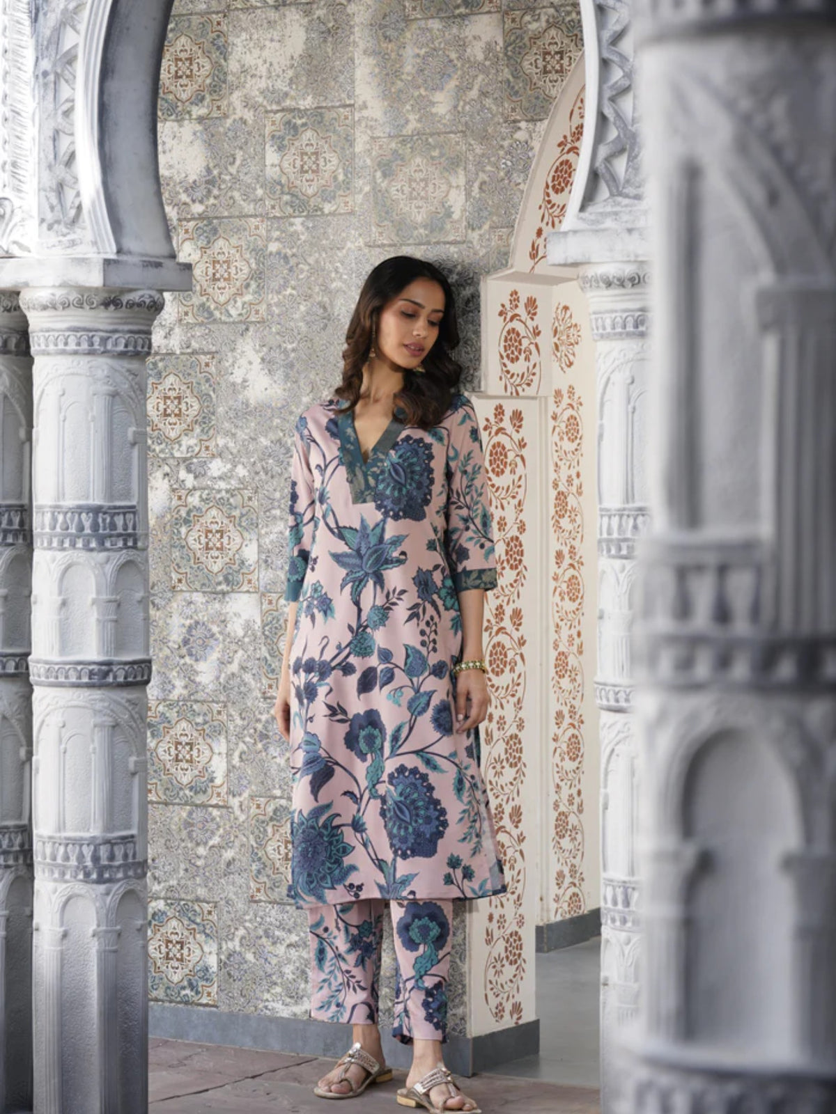 Beige & Green Floral Printed Kurta with Trousers