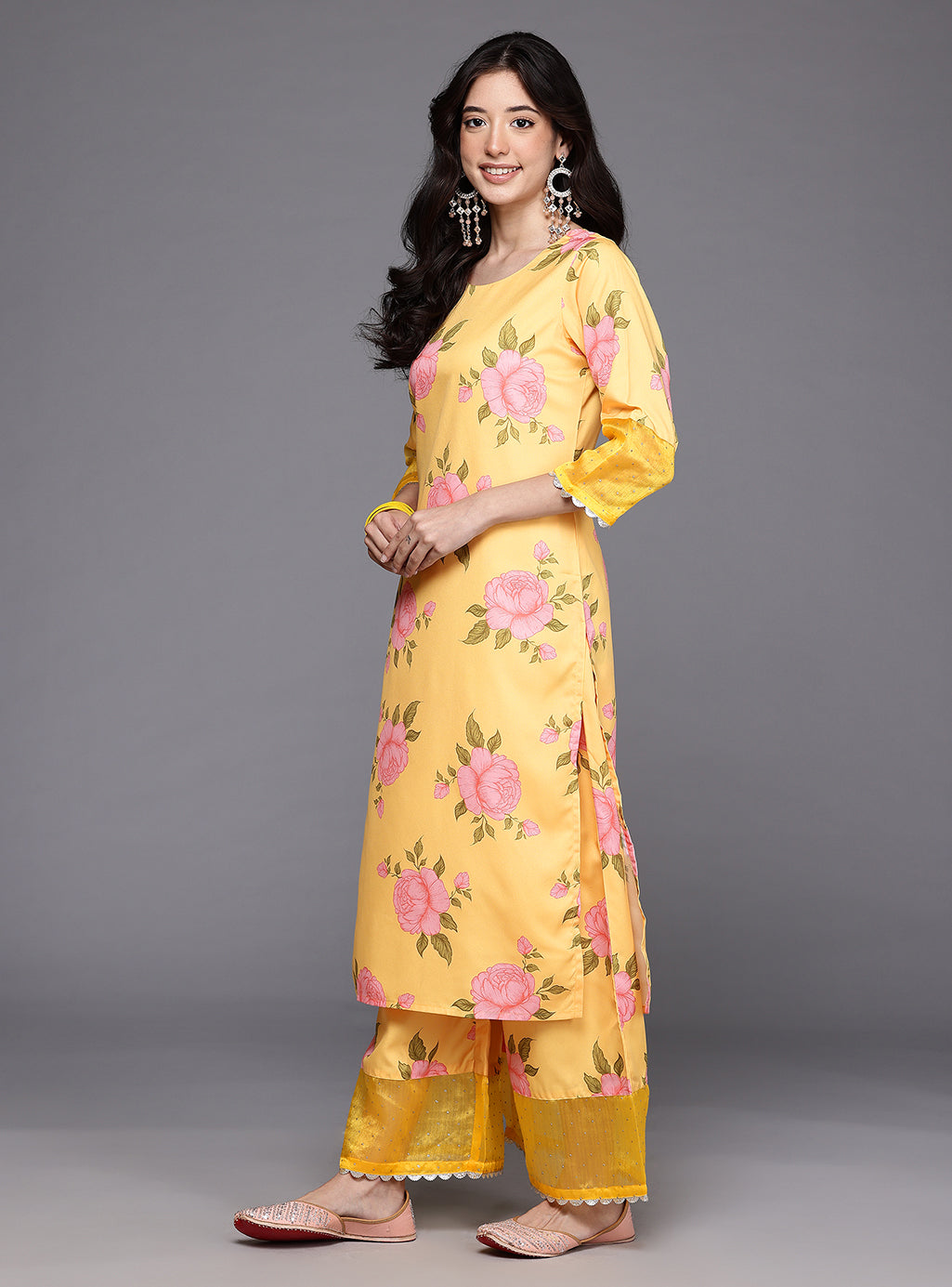 Floral Printed Gotta Patti Kurta With Palazzos & Dupatta