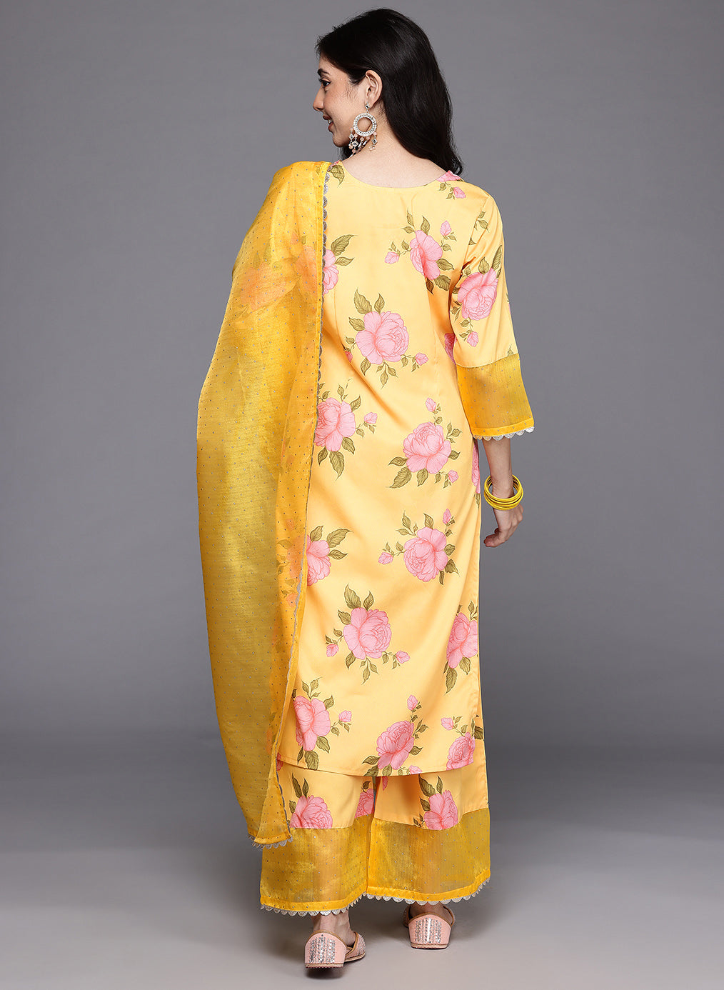 Floral Printed Gotta Patti Kurta With Palazzos & Dupatta