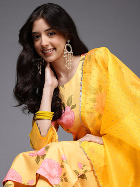 Floral Printed Gotta Patti Kurta With Palazzos & Dupatta