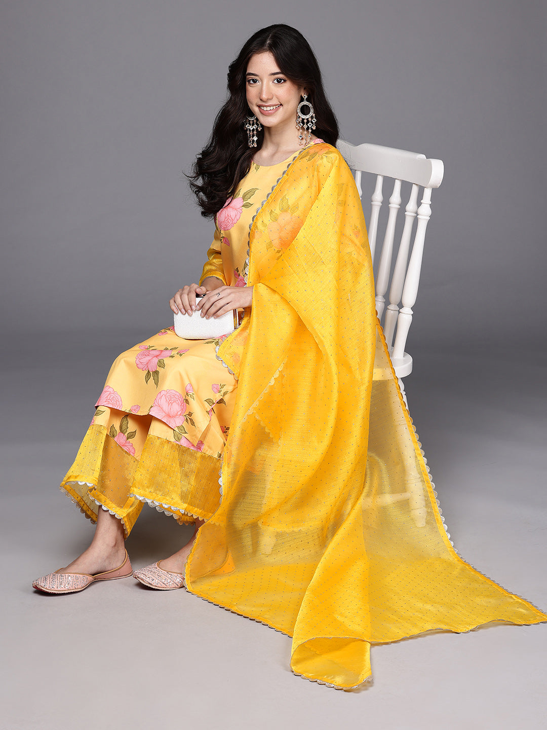 Floral Printed Gotta Patti Kurta With Palazzos & Dupatta