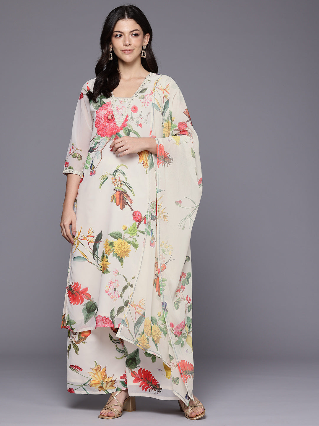 Floral Printed Kurta with Palazzos & Dupatta