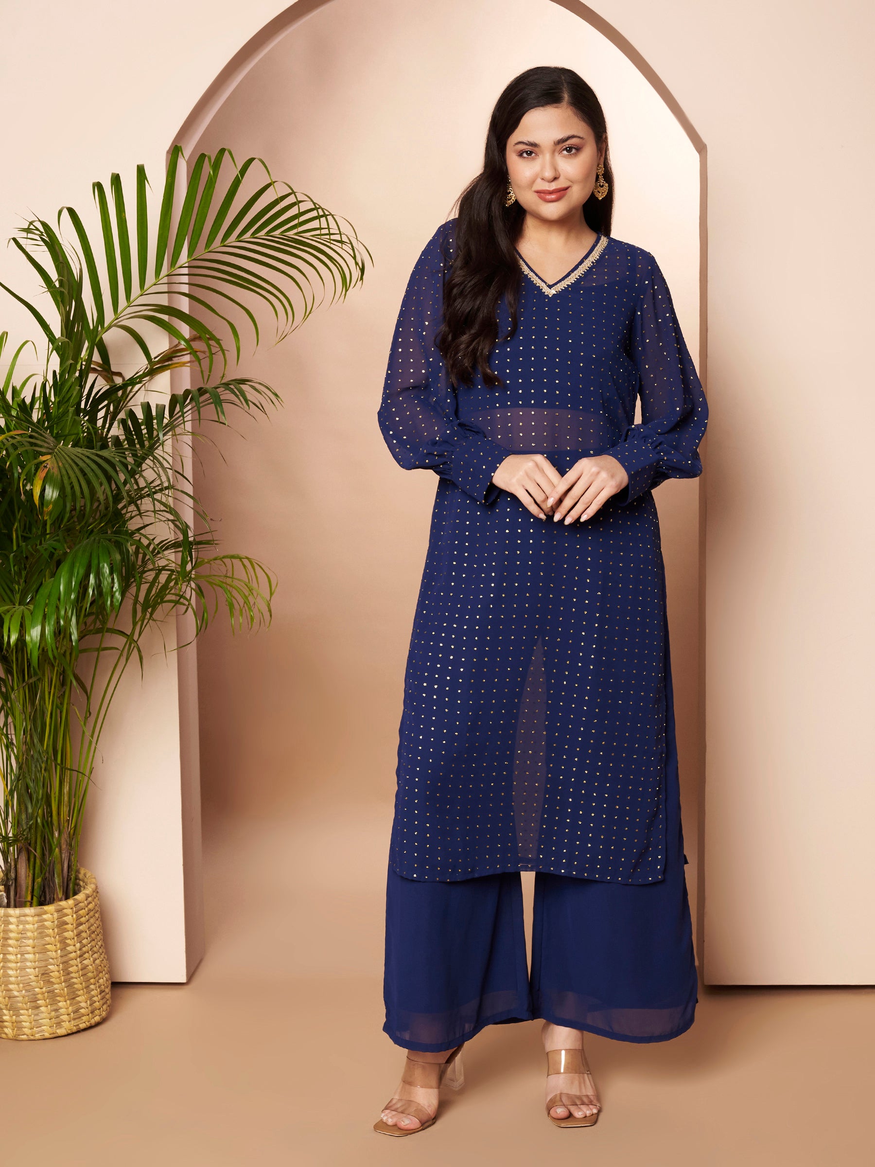 Women Ethnic Motifs Printed Regular Thread Work Kurta with Palazzos