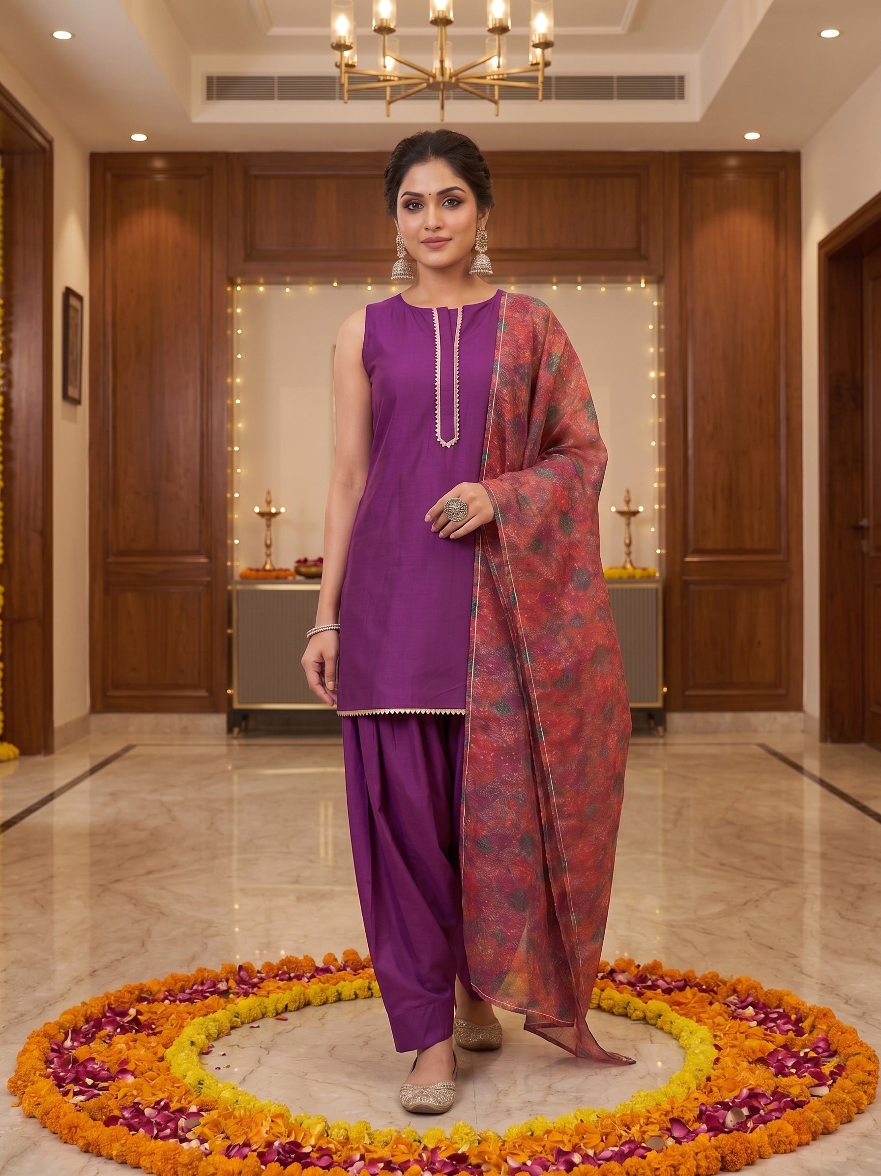 Women Floral Regular Thread Work Kurta with Patiala & With Dupatta