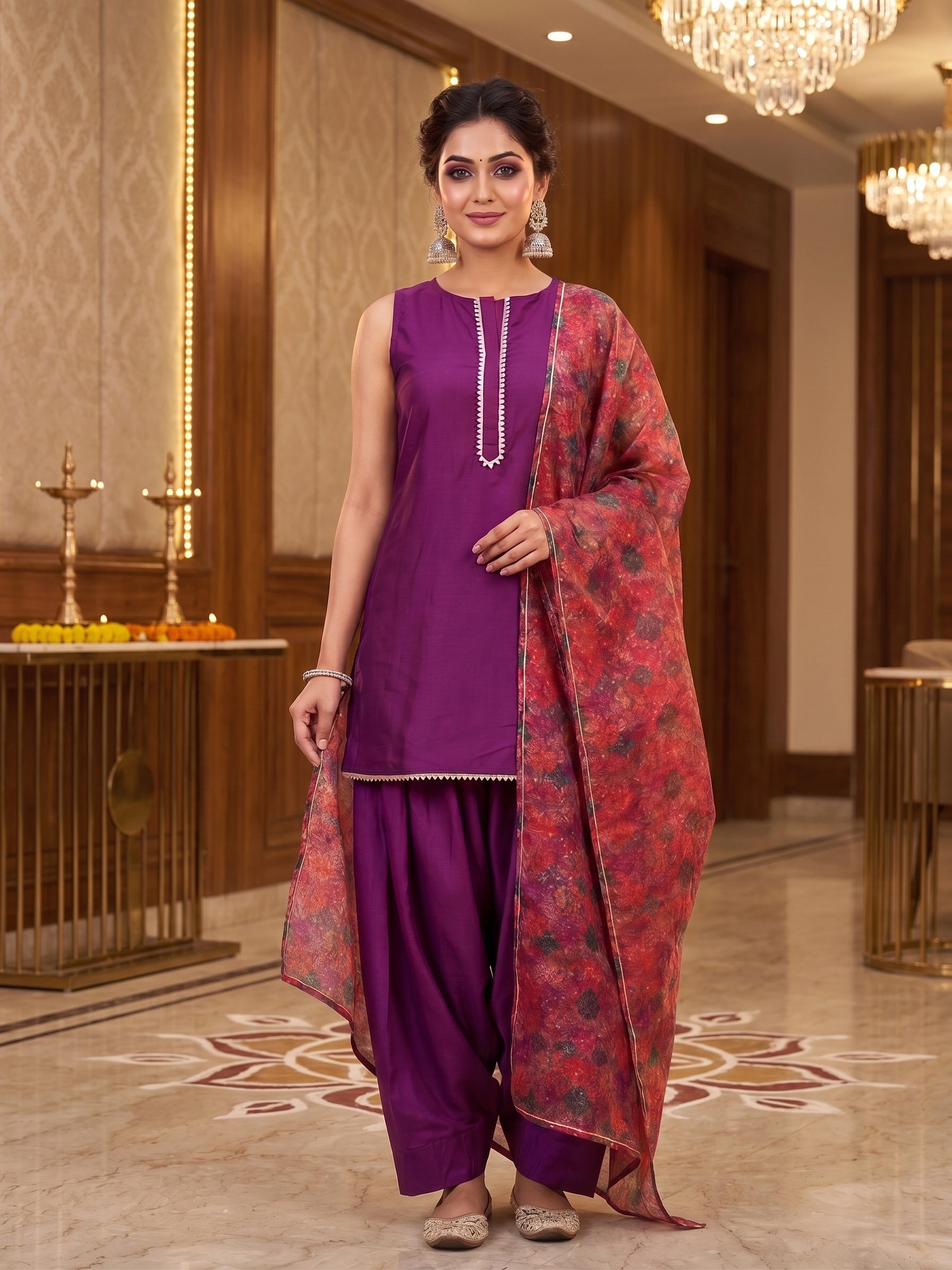 Women Floral Regular Thread Work Kurta with Patiala & With Dupatta