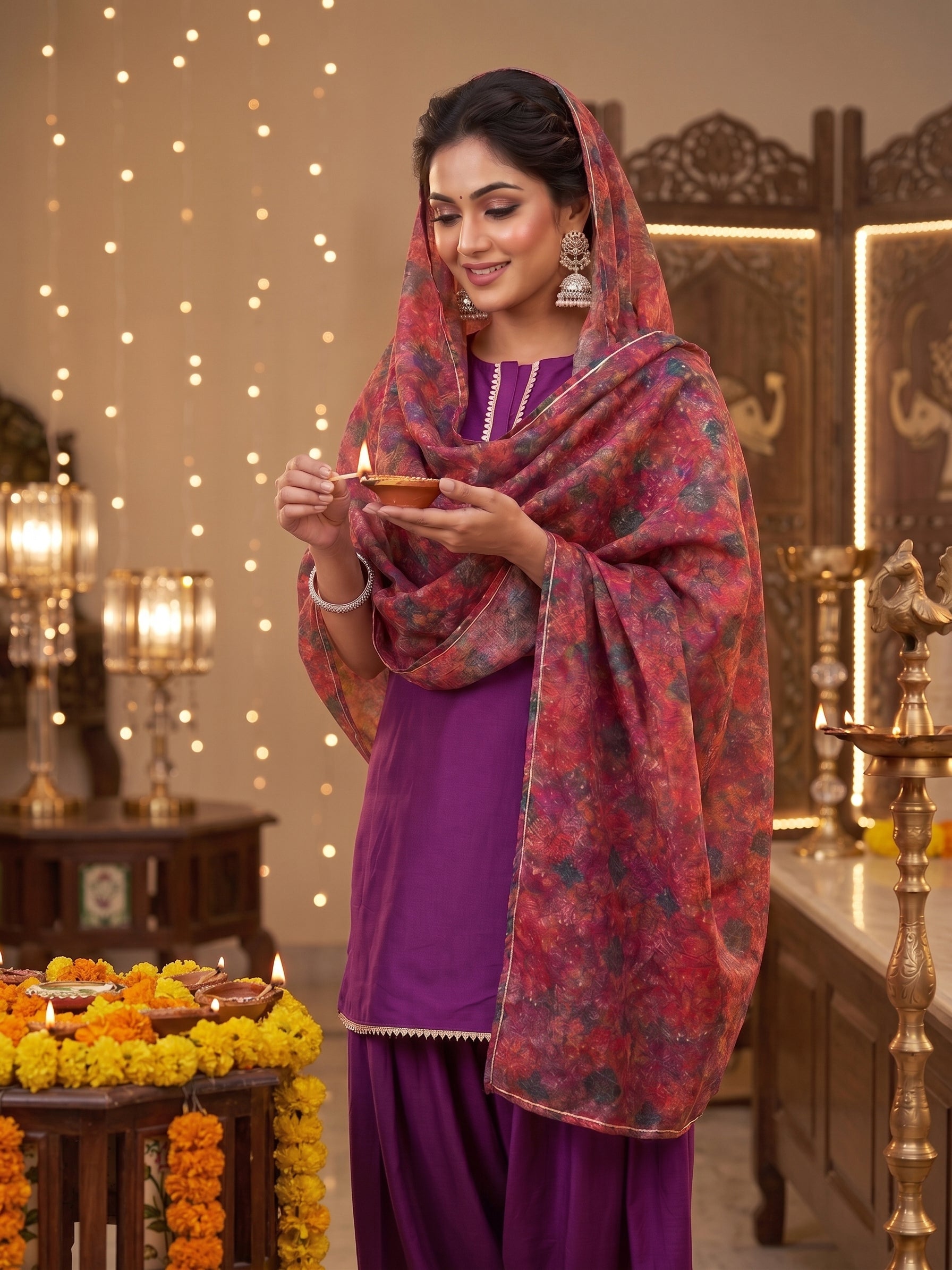 Women Floral Regular Thread Work Kurta with Patiala & With Dupatta