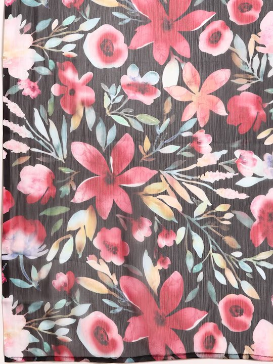 Black & Red Floral Print Poly Chiffon Fabric