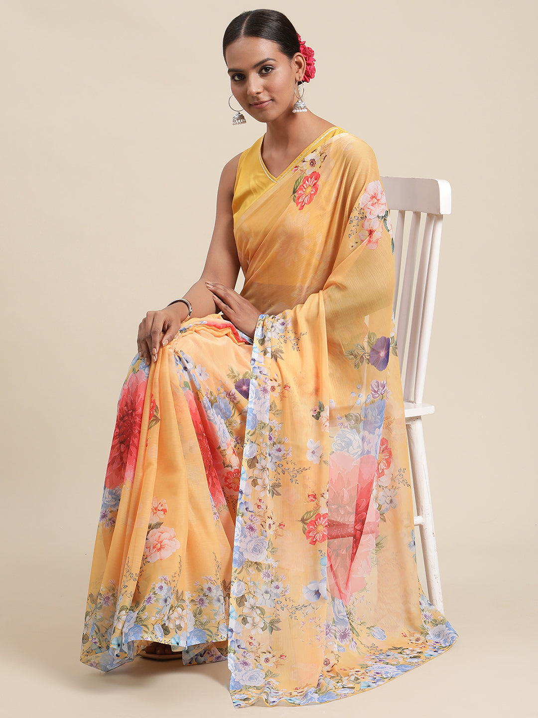 Yellow & Red Floral Printed Saree