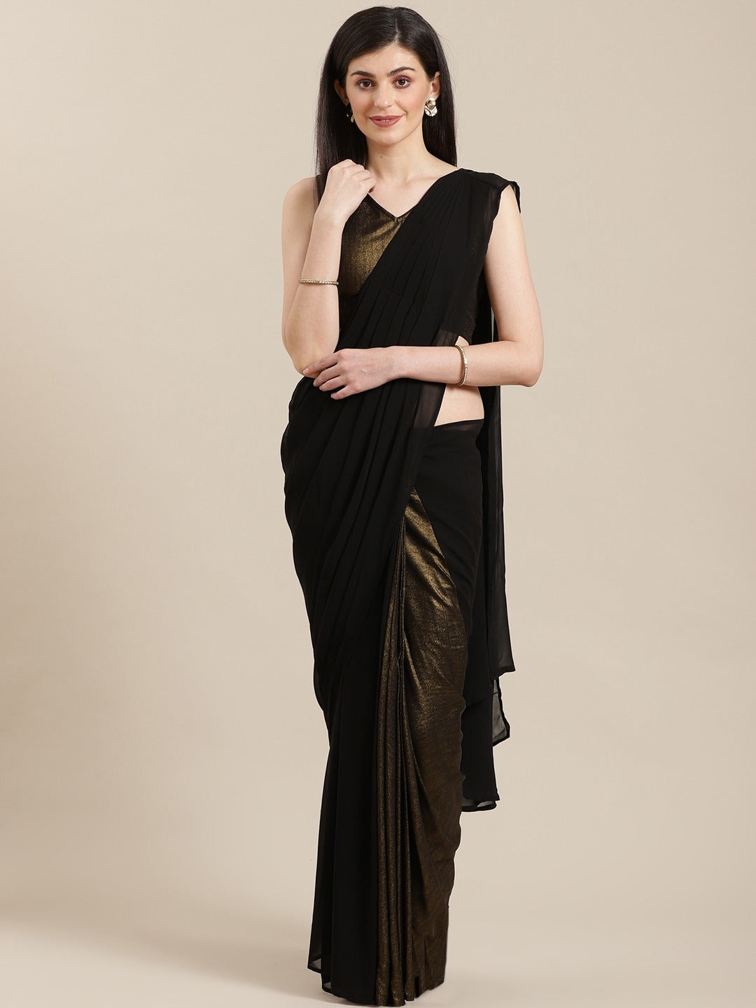 Ahalyaa Black & Golden Colourblocked Ready to Wear Saree (Without Blouse)