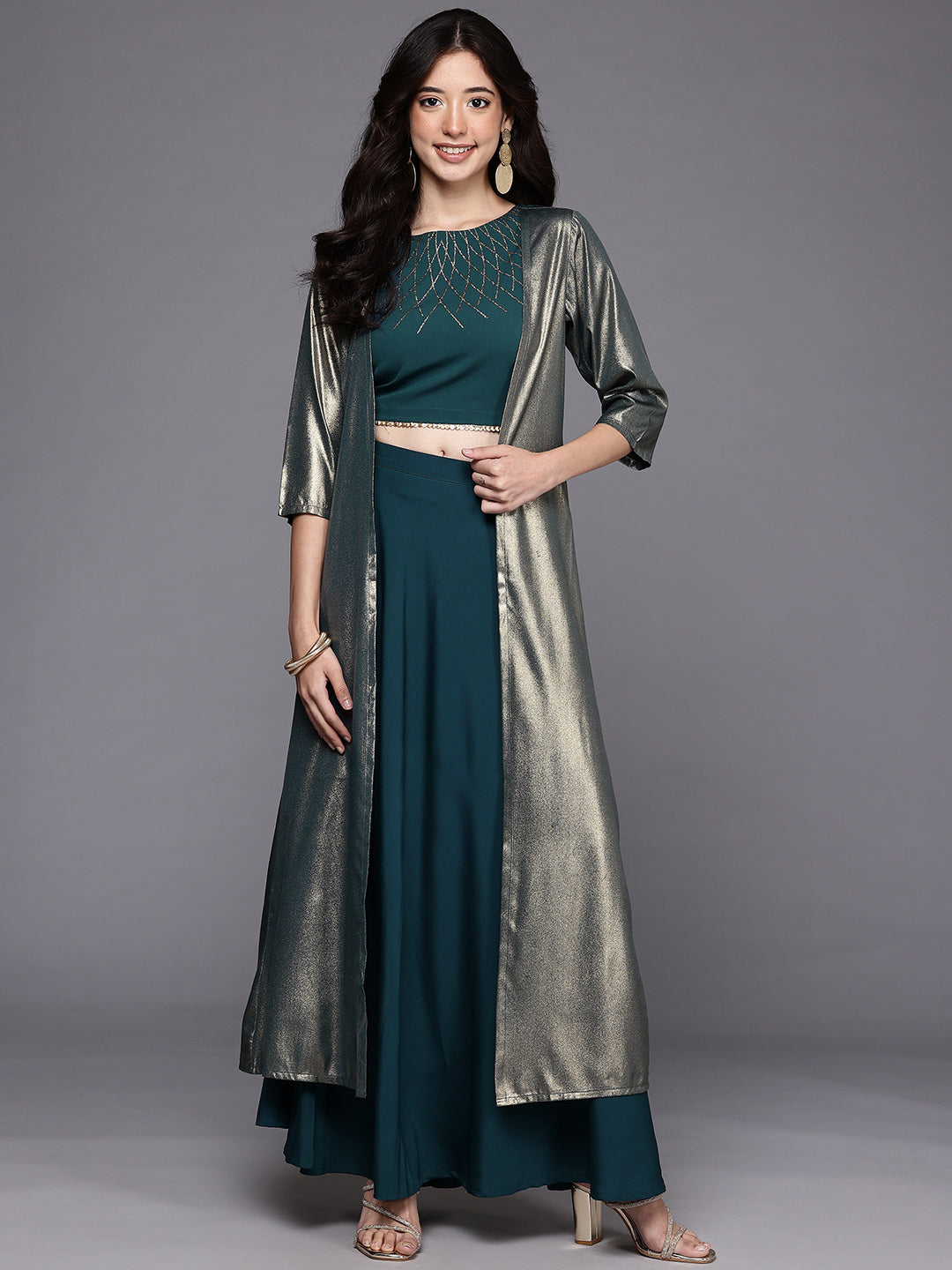 Embellished Top & Skirt With Shrug