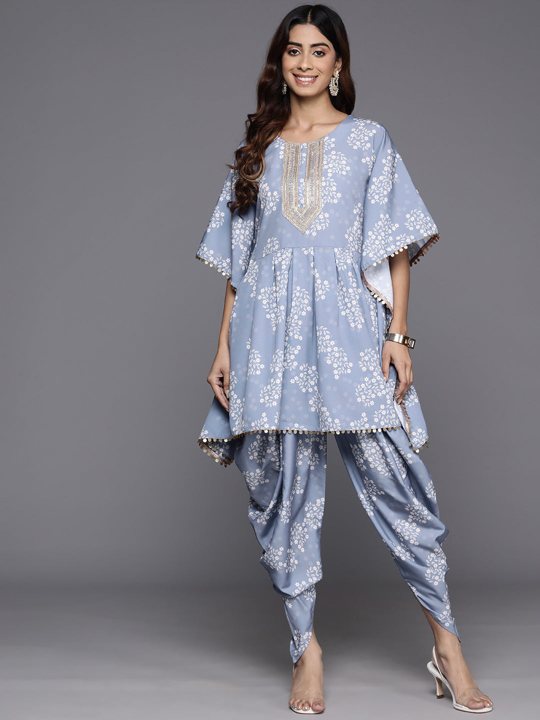 Floral Printed Sequinned Pure Cotton Kurti with Dhoti Pants