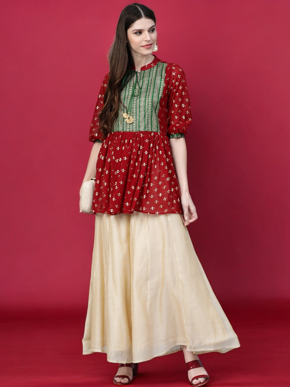 Maroon & Green Printed A-Line Kediya Tunic