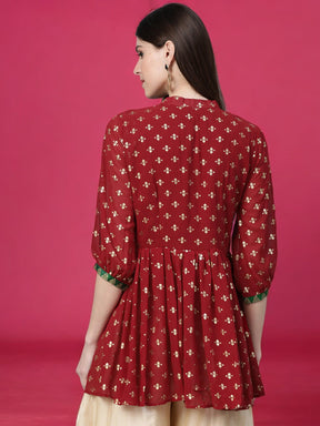 Maroon & Green Printed A-Line Kediya Tunic