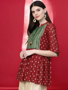 Maroon & Green Printed A-Line Kediya Tunic