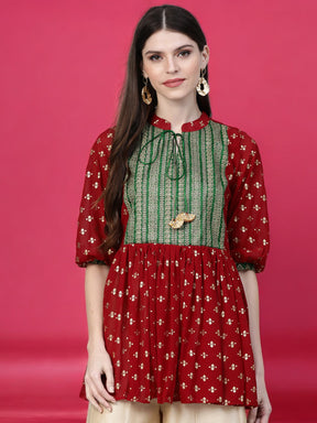 Maroon & Green Printed A-Line Kediya Tunic
