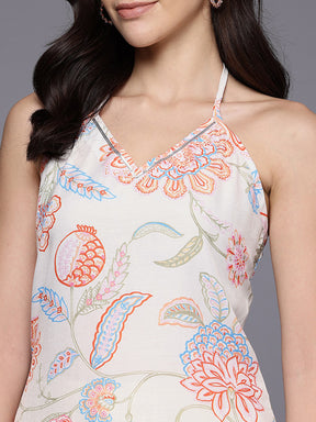 Floral Printed Halter Neck Tunic With Tie-Ups