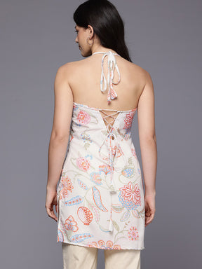 Floral Printed Halter Neck Tunic With Tie-Ups