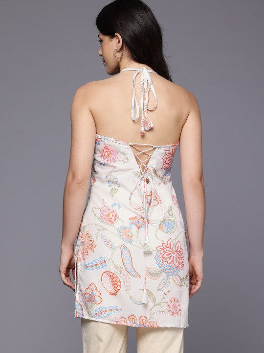 Floral Printed Halter Neck Tunic With Tie-Ups