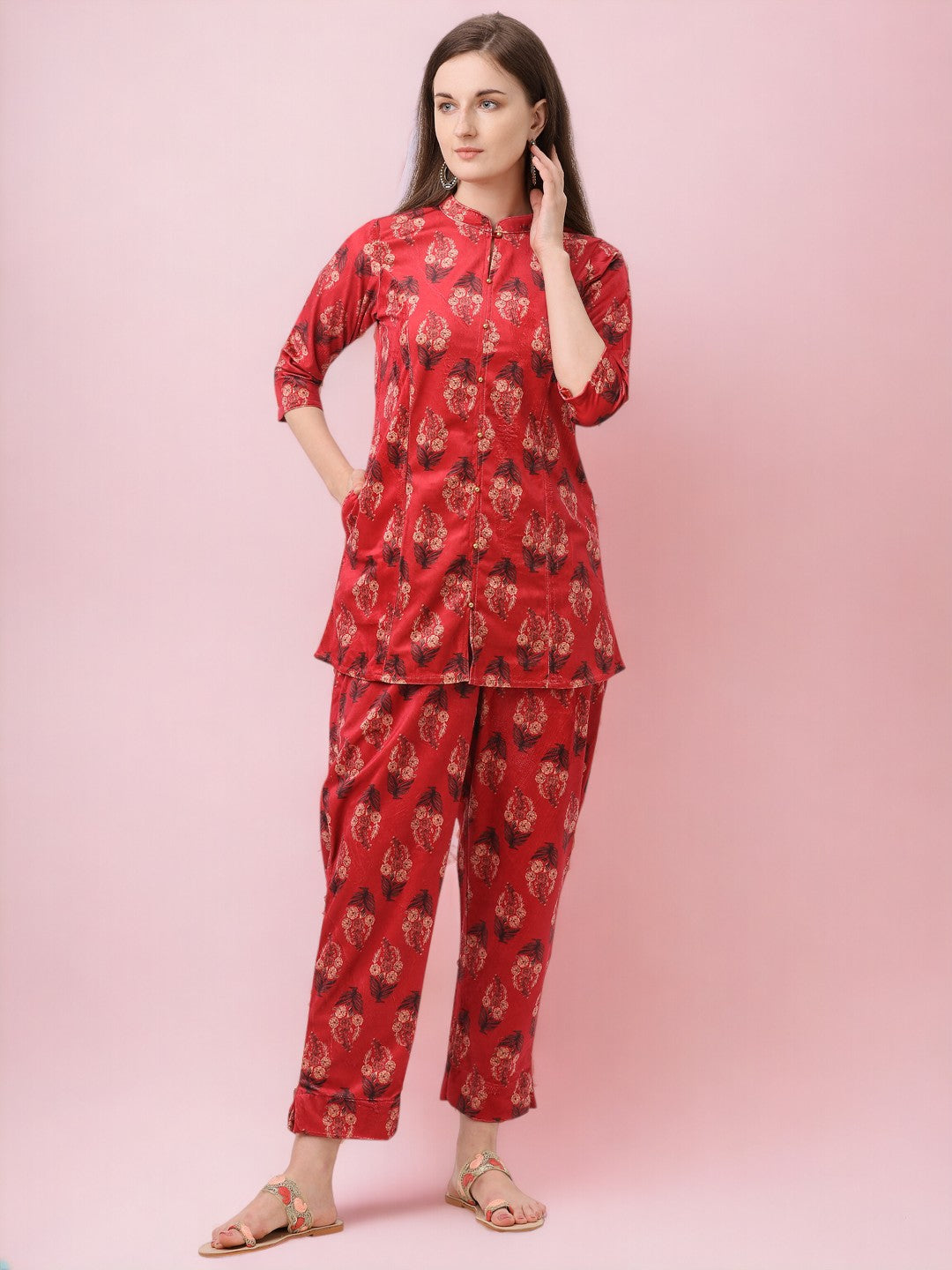 Red Printed Velvet Kurti with Pyjamas
