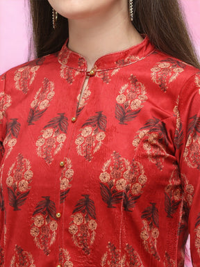 Red Printed Velvet Kurti with Pyjamas