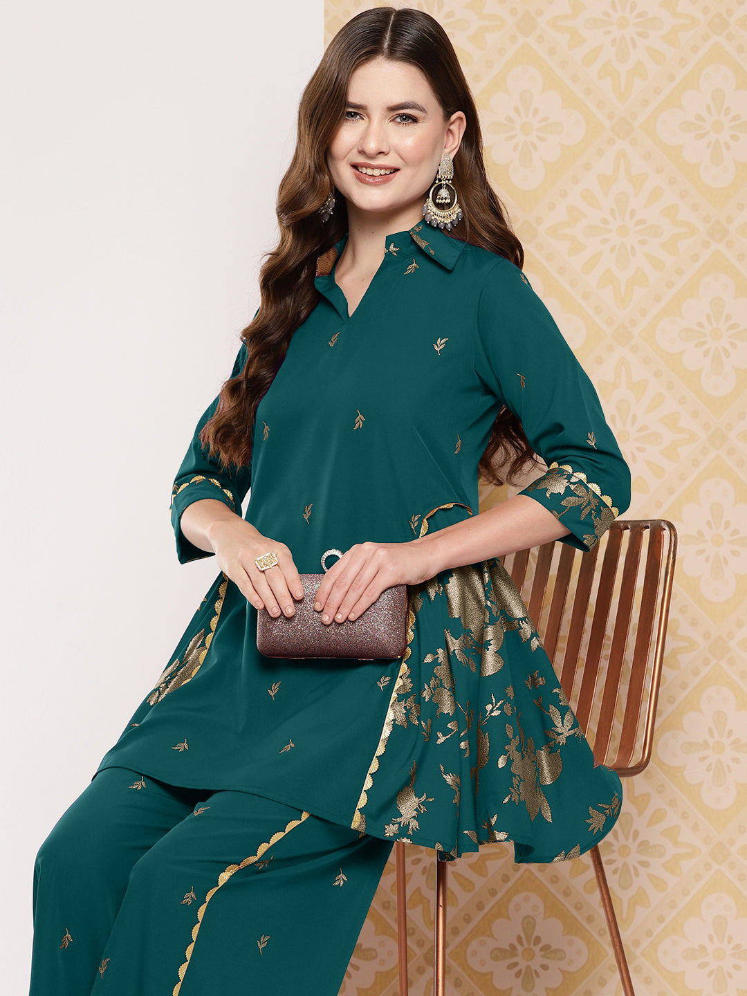 Floral Woven Design Shirt Collar Tunic With Palazzo