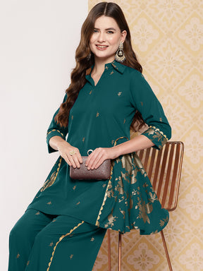Floral Woven Design Shirt Collar Tunic With Palazzo