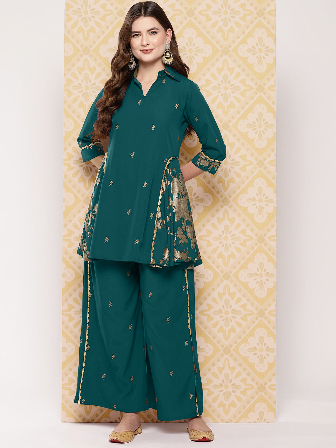 Floral Woven Design Shirt Collar Tunic With Palazzo