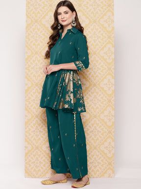 Floral Woven Design Shirt Collar Tunic With Palazzo