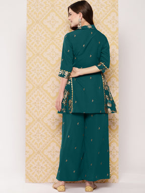 Floral Woven Design Shirt Collar Tunic With Palazzo