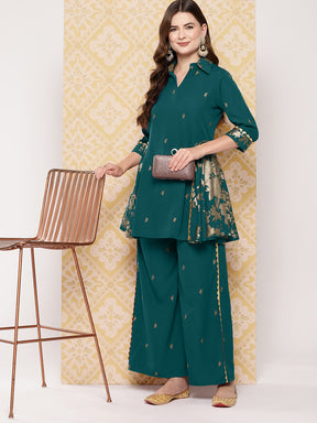 Floral Woven Design Shirt Collar Tunic With Palazzo
